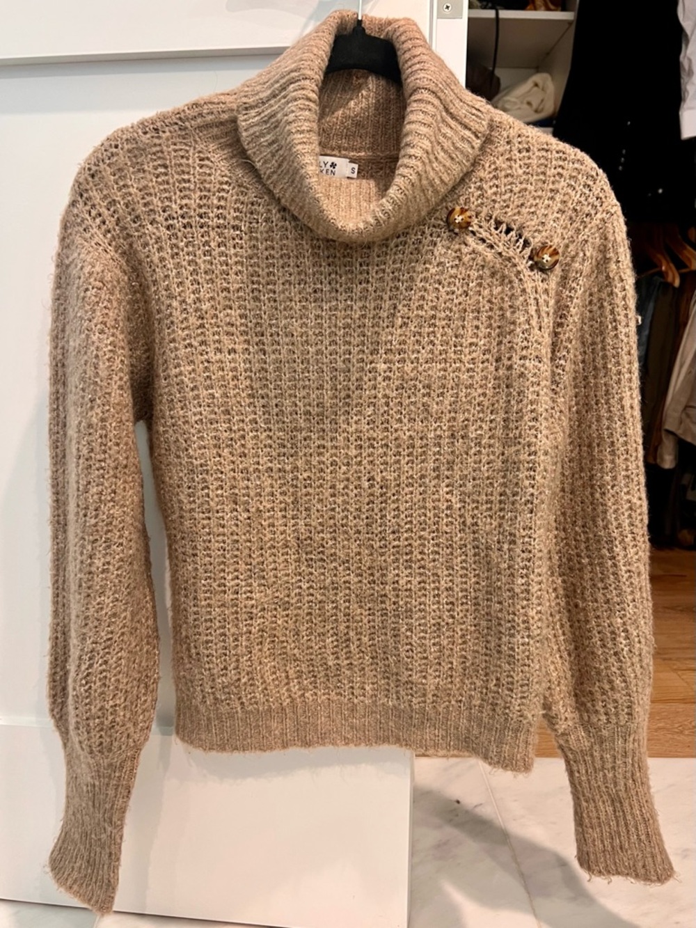 Molly Bracken Chunky Beige Cowl Neck Sweater with Button Detail